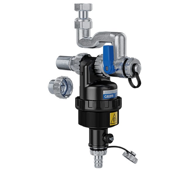 Caleffi DIRTMAG Magnet-Schlammabscheider mit zusätzlichem Anschlussstück, Absperrhahn und Verschraubungen für Heizungssysteme.