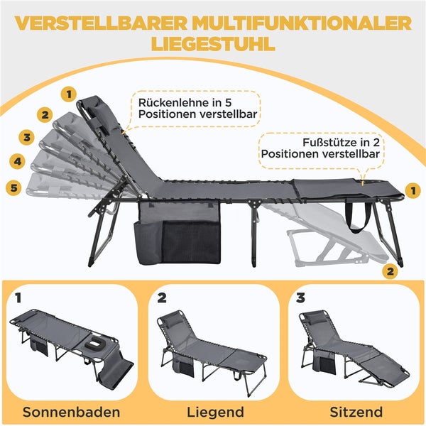 Verstellbarer multifunktionaler Liegestuhl mit Rückenlehne in fünf Positionen und Fußstütze in zwei Positionen, geeignet zum Sonnenbaden, Liegen und Sitzen