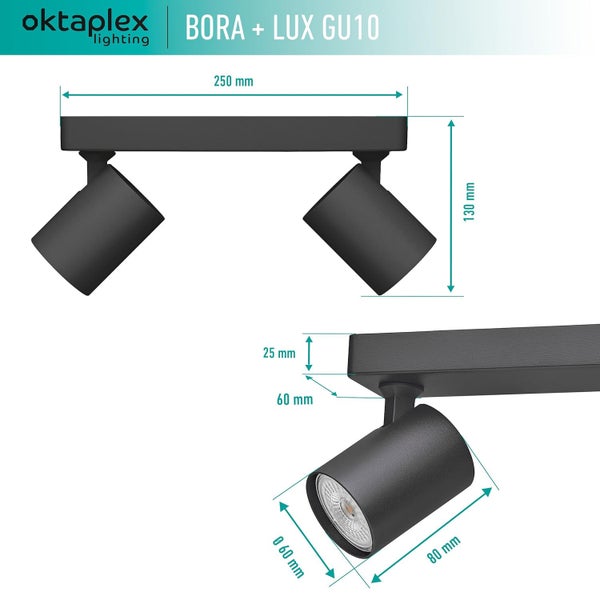 Bora Deckenstrahler 2-flammig inklusive GU10 LED 400lm 4000K neutralweiß schwenkbar Spotbalken für Wand Decke schwarz