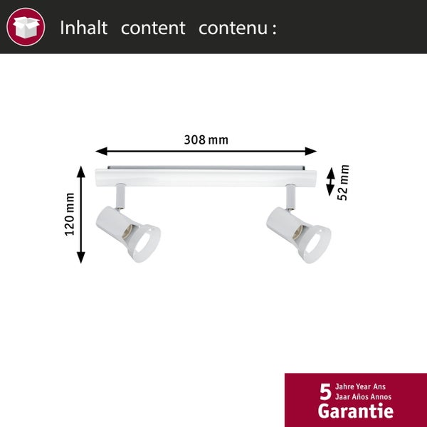 Maße der zweiflammigen Deckenleuchte: Länge 308 Millimeter, Höhe 120 Millimeter, Breite 52 Millimeter mit 5 Jahren Garantie.