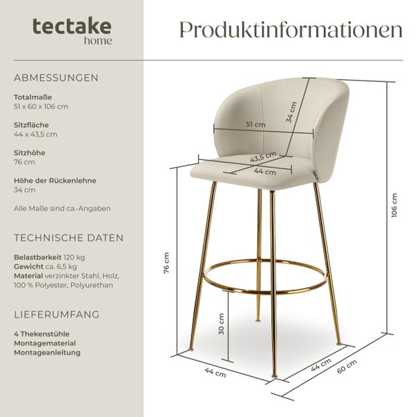 Produktinformationen zu vier Thekenstühlen von tectake home mit Maßen und Materialangaben