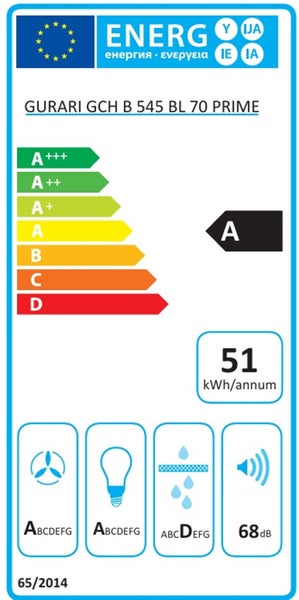 EU Energieeffizienzlabel für Gurari Dunstabzugshaube GCH B 545 BL 70 Prime mit Energieeffizienzklasse A und 51 Kilowattstunden pro Jahr