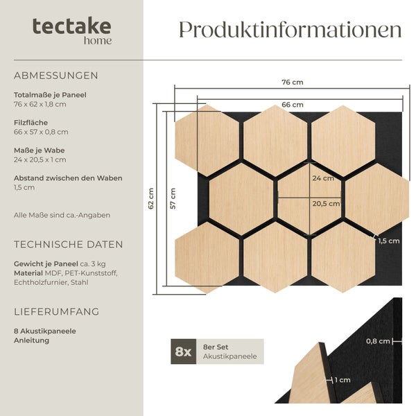 Tectake Akustikpaneele Set von 8, sechseckig, 76 mal 62 mal 1,8 Zentimeter, Holzfaserplatte mit Echtholzfurnier und Kunststoff, Gewicht circa 3 Kilogramm.