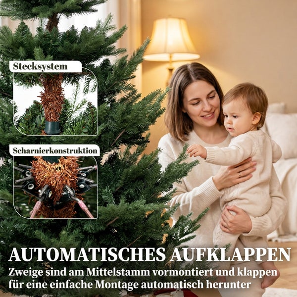 Künstlicher Weihnachtsbaum mit Stecksystem und Scharnierkonstruktion für einfaches automatisches Aufklappen der Zweige.