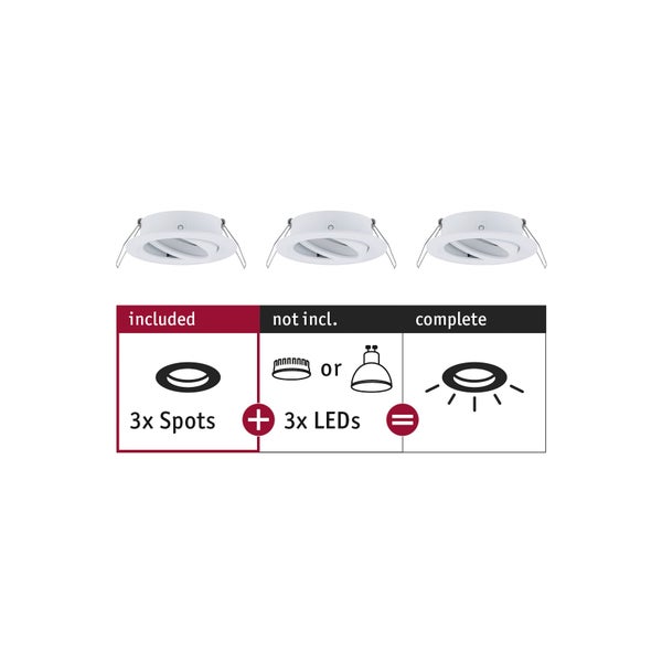 Drei Einbaustrahler als Set inklusive Diagramm zur Leuchtmittelmontage für LED Strahler