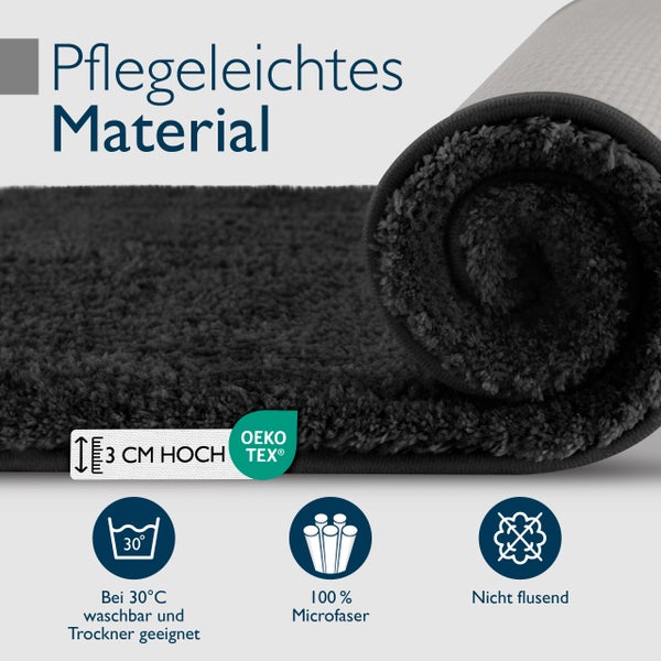 Anthrazitfarbene Badematte mit einer Höhe von 3 Zentimetern, pflegeleichtes Material, Öko Tex Siegel, waschbar bei 30 Grad, trocknergeeignet, 100 Prozent Mikrofaser und nicht flusend