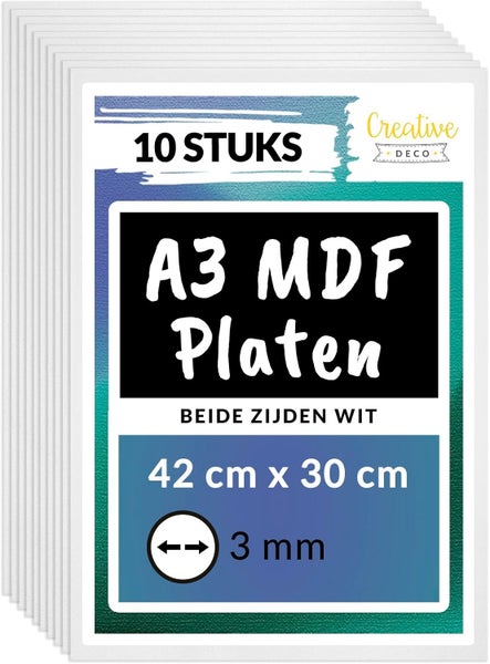 Packung mit 10 A3 MDF Platten, beidseitig weiß, 42 Zentimeter mal 30 Zentimeter, 3 Millimeter dick, Creative Deco Logo.