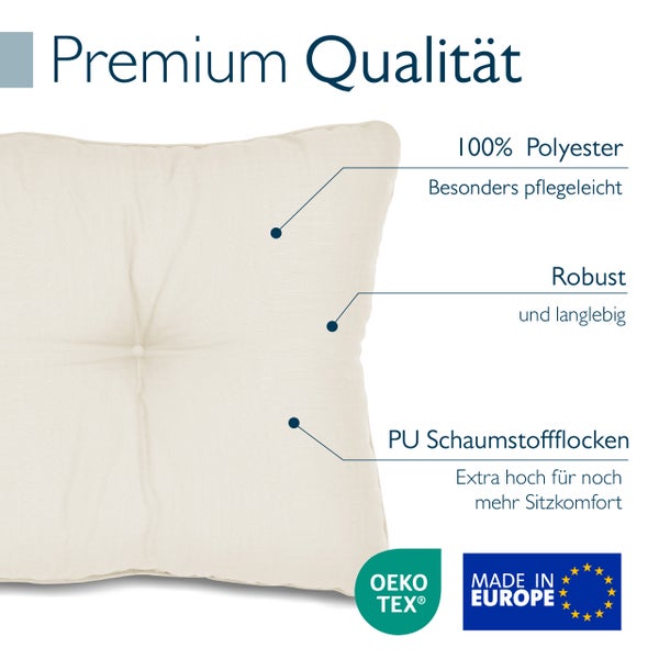 Sitzkissen mit Polyester Bezug und Polyurethan Schaumstoffflocken Fuellung, OEKO TEX zertifiziert und hergestellt in Europa.