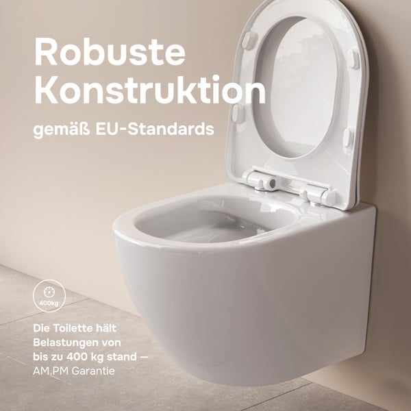 Wandhänge-WC mit robustem Design und Klodeckel, belastbar bis 400 Kilogramm gemäß europäischen Standards, AM PM Garantie.