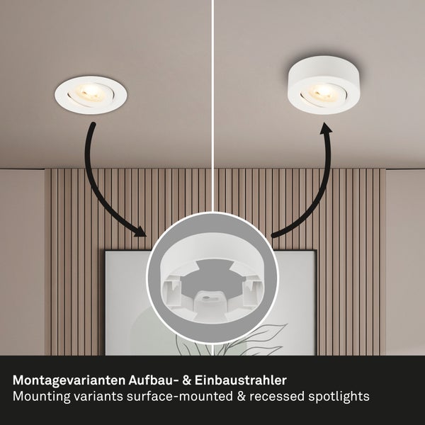 Montagevarianten für runde Strahler: Darstellung als flacher Einbaustrahler in der Decke und als Aufbaustrahler mit Gehäuse an der Decke.