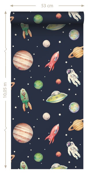 Tapete mit Weltraummotiv mit Planeten, Raketen, Raumschiffen und Astronauten