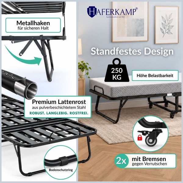 Haferkamp Klappbett mit pulverbeschichtetem Stahlrahmen, Lattenrost, Metallhaken, Rollen mit Bremse und Bodenschutzringen für hohe Belastbarkeit.