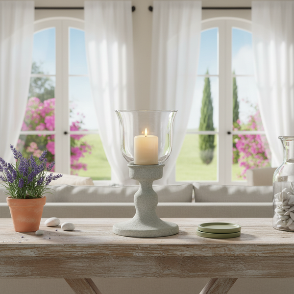 Windlicht mit Standfuß in Steinoptik und Glaszylinder auf einem Holztisch, im Hintergrund helle Fenster mit Blick in den Garten.
