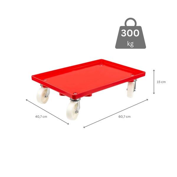 PROREGAL Transportroller für Euroboxen 60 x 40 cm mit Kunststoffräder Rot Geschlossenes Deck 2 Lenkrollen und 2 Bockrollen Traglast 300 kg
