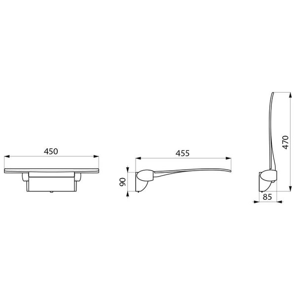 Maßzeichnung eines Duschklappsitzes für Wandmontage mit den Maßen 450 Millimeter Breite, 455 Millimeter Tiefe und 470 Millimeter Höhe.