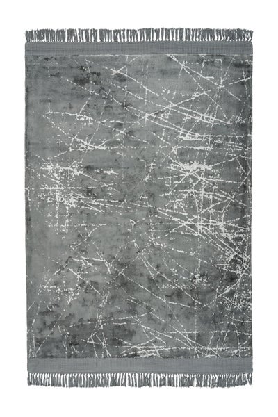 Rechteckiger grauer Teppich mit abstraktem weißem Linienmuster und Fransen.