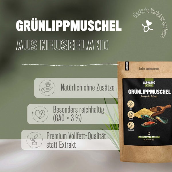 ALPHAZOO Grünlippmuschelpulver 100g für Hunde und Katzen I Vollfett Grünlippmuschel