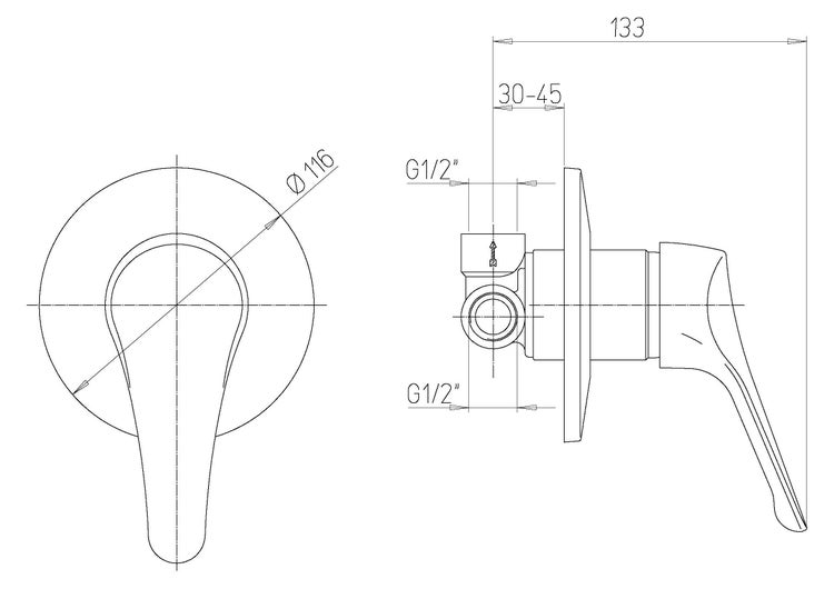 Technische Zeichnung eines Wasserhahns mit Maßangaben