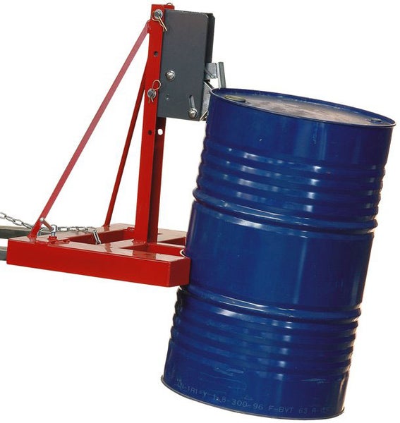 Fasslifter für Gabelstapler aus rotem Metall mit einem blauen Industriefass.