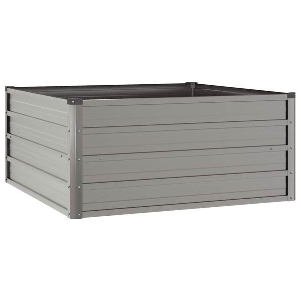 Quadratisches Hochbeet aus Metall mit horizontalen Paneelen.