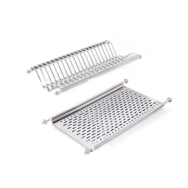 Zweiteiliges Set bestehend aus einem Tellerhalter und einer Abtropfschale aus Edelstahl für den Einbau im Küchenschrank.
