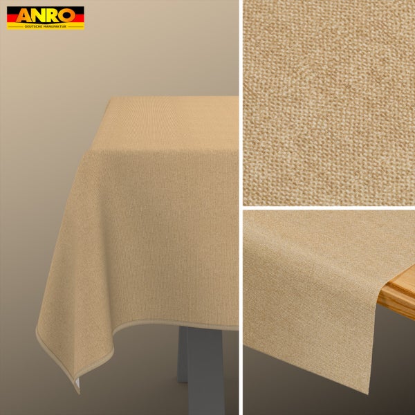 Anro Logo. Strukturierte gewebte Tischdecke auf einem Tisch mit Nahaufnahmen der Gewebestruktur und der Kante.