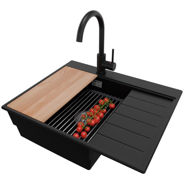 PRIMAGRAN Granitspüle Schwarz 62x50cm, Spülbecken 1 Becken + Küchenarmatur 32x20cm + Ablauf-Set + Küchenzubehörset, Küchenspüle ab 45er Unterschrank - Sydney