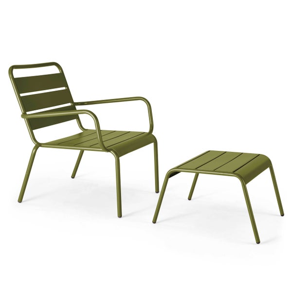 Garten Lounge Sessel mit Hocker aus olivgrünem Metall mit Lattenoberfläche