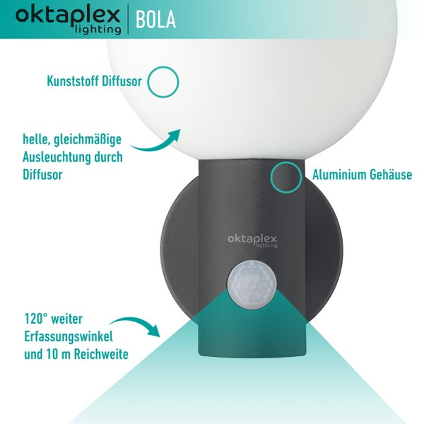 Bola LED Außenlampe mit Bewegungsmelder warmweiß 3000K 1600lm IP65 runde Wandleuchte anthrazit 230V