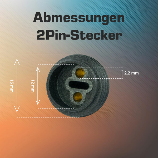 Abmessungen 2-Pin-Stecker: Gesamthöhe 15 Millimeter, Innenhöhe 12 Millimeter und Pin-Abstand 2,2 Millimeter.