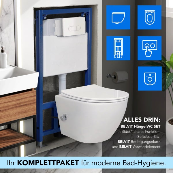 BELVIT Hänge-WC Set mit Bidet-Funktion, Softclose-Sitz, Vorwandelement und Betätigungsplatte im modernen Badezimmer.