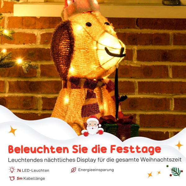 Beleuchtete Weihnachtsfigur Hund mit Weihnachtsmütze, Schal und Geschenk, 74 LED-Lampen, 5 Meter Kabellänge, energiesparend.