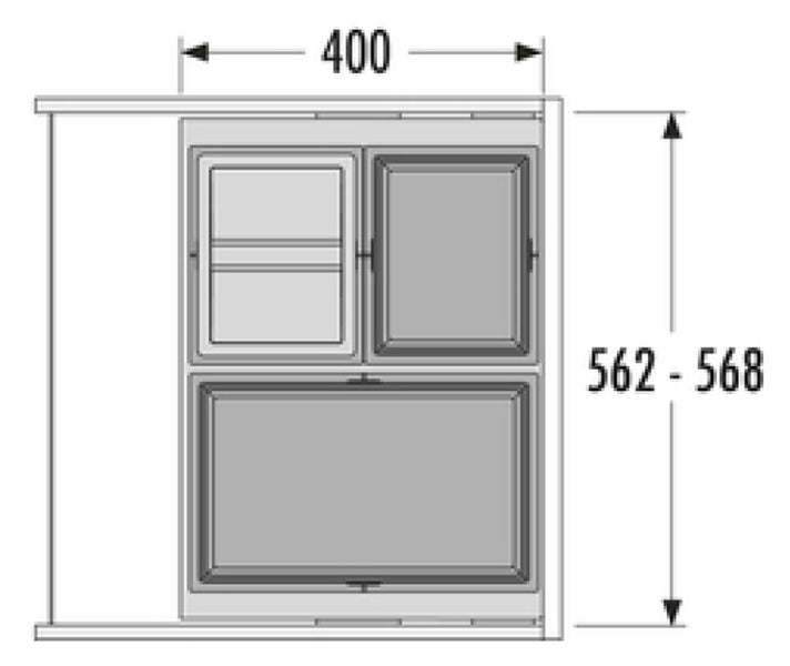 Skizze eines Schranks mit den Maßen 400 mal 562 bis 568 Millimeter.