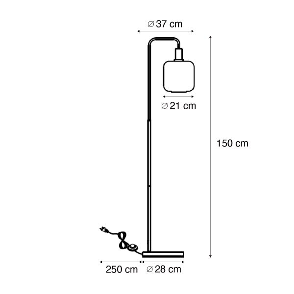 Technische Zeichnung einer Stehlampe mit Maßangaben