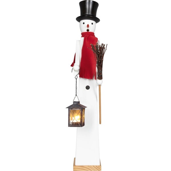 Dekorative Schneemann Holzfigur mit Zylinder, Schal, Besen und Laterne zur weihnachtlichen Dekoration