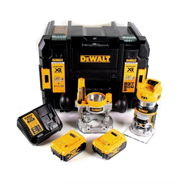 DeWalt Akkumulator-Kantenfräse und Oberfräse Set mit zwei 18 Volt Akkumulatoren, Ladegerät und Transportkoffer.
