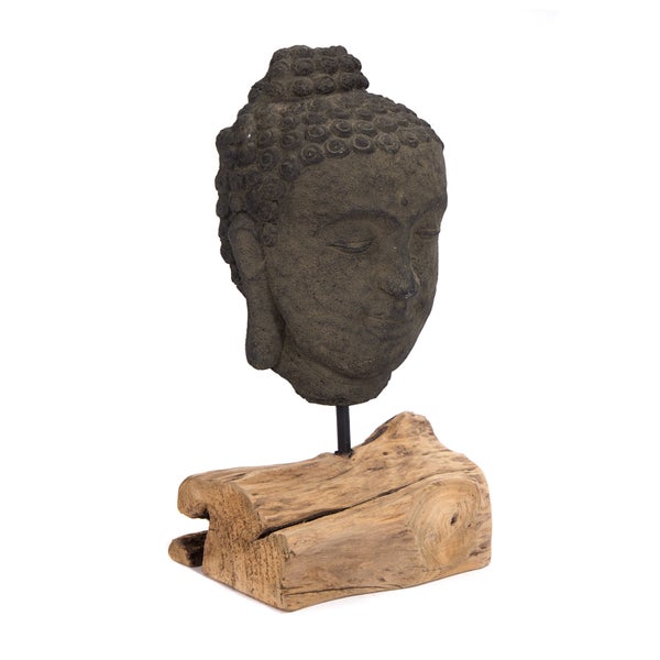 Skulptur  Buddha Beton, auf Wurzelholzsockel grau-braun