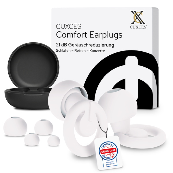 Cuxces Comfort Earplugs mit 21 dB Geräuschreduzierung, geeignet zum Schlafen, Reisen und für Konzerte, inklusive Transportbox und Dermatest Siegel