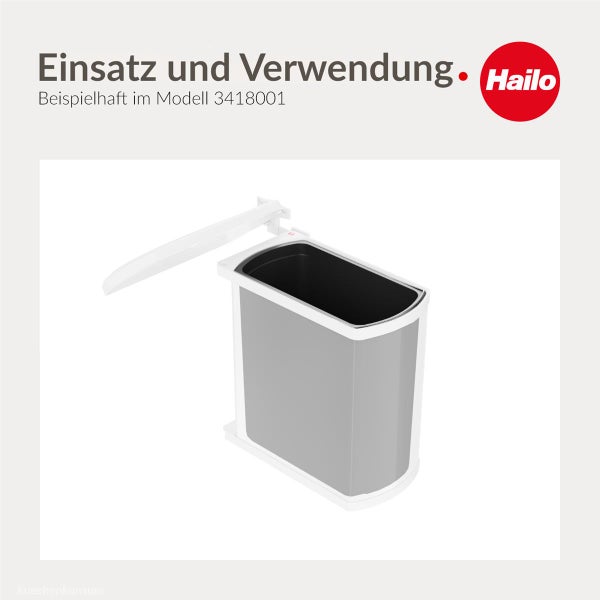 Anwendungsbeispiel: Grauer Hailo Einbaumülleimer aus Kunststoff mit weißer Montagevorrichtung für Küchenschränke und Hailo Logo.