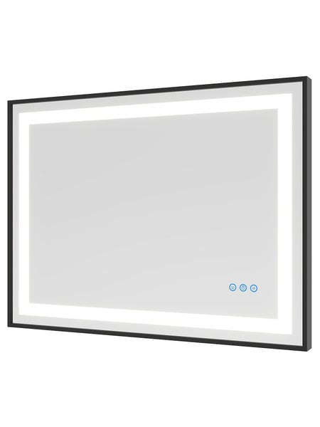 Rechteckiger Badezimmerspiegel mit LED Beleuchtung und integriertem Touchschalter mit Heizfunktion in einem schmalen Rahmen.