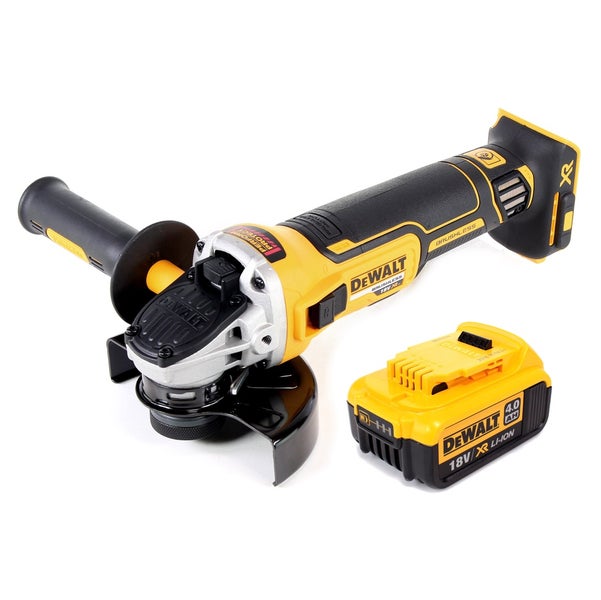 DeWalt Akku-Winkelschleifer mit bürstenlosem Motor, Zusatzhandgriff, Schutzhaube und separatem 18-Volt-Lithium-Ionen-Akku mit 4 Amperestunden.
