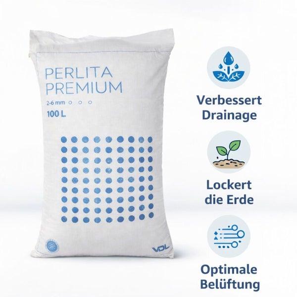Perlita Premium Sack 100 Liter, Körnung 2 bis 6 Millimeter. Verbessert Drainage, lockert die Erde und sorgt für optimale Belüftung. VDL Logo