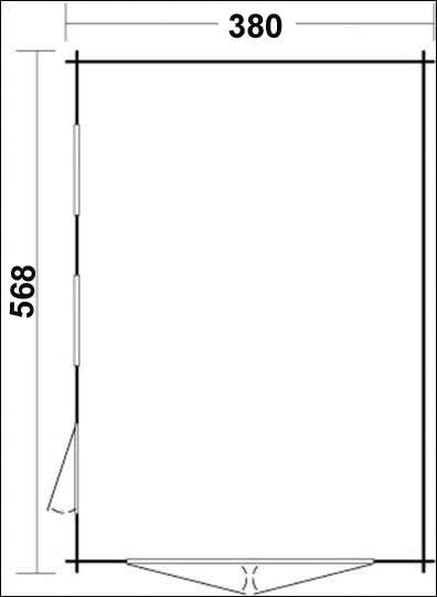 Grundriss eines Gartenhauses mit den Maßen 380 und 568 sowie Einzeichnungen für Tür und Fenster.