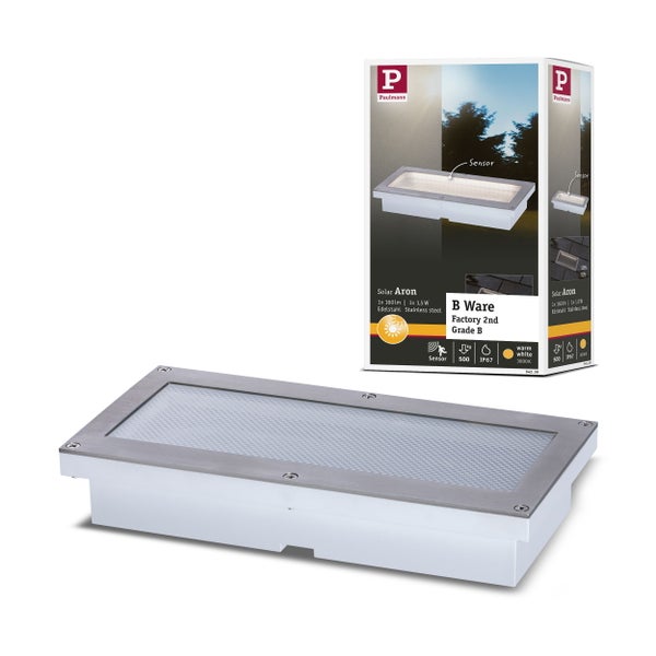 Paulmann Solar Aron Bodenleuchte mit Sensor und Edelstahlrahmen neben der Produktverpackung