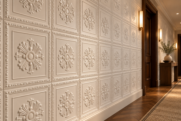 Wandpaneele mit klassischem Kassettenmuster und floralem Relief in einem Flur mit Parkettboden und Wandleuchten.
