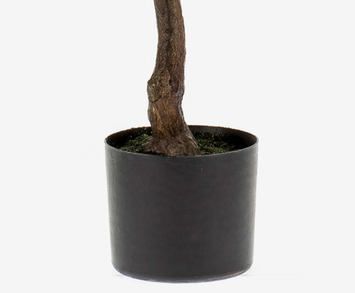 Künstliche Dracaena Pflanze im schwarzen Topf mit grün-gelben Blättern.