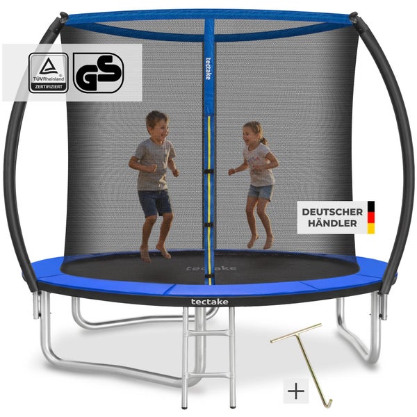 Rundes Gartentrampolin mit Sicherheitsnetz, Leiter, zwei Kindern, Federspanner, TÜV Rheinland zertifiziert, Geprüfte Sicherheit, TecTake Logo.