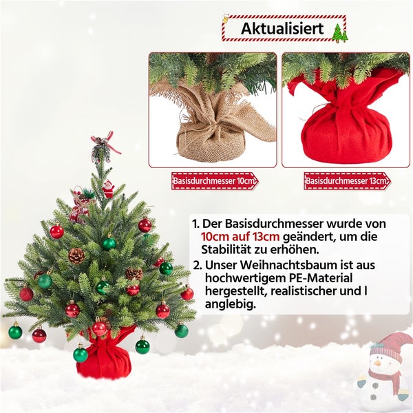 Dekorierter Weihnachtsbaum mit roter Stoffbasis und Weihnachtsbaumschmuck