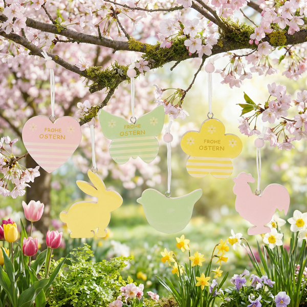 Sechs Holz-Osteranhänger in Pastellfarben, darunter Motive wie Hase, Vogel und Herz mit der Aufschrift Frohe Ostern, hängen an einem blühenden Zweig.