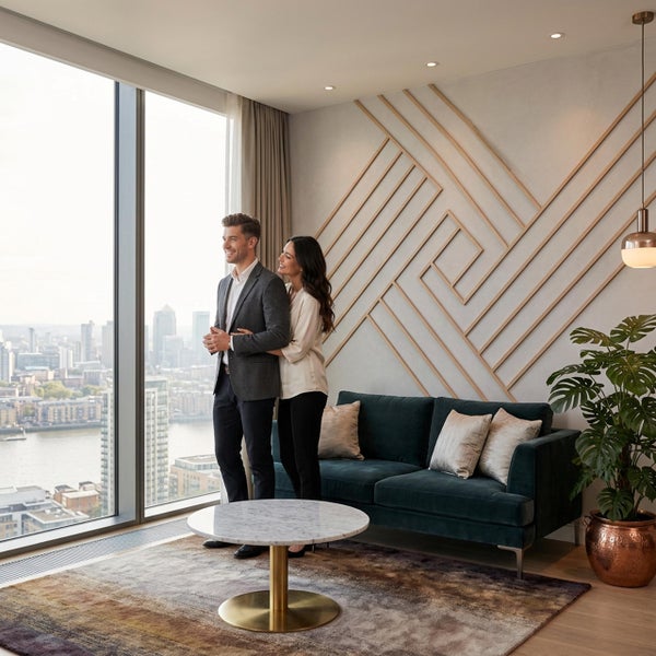 Paar in modernem Wohnzimmer mit Stadtblick durch raumhohe Fenster, mit Designsofa, Marmortisch und dekorativer Wandgestaltung.